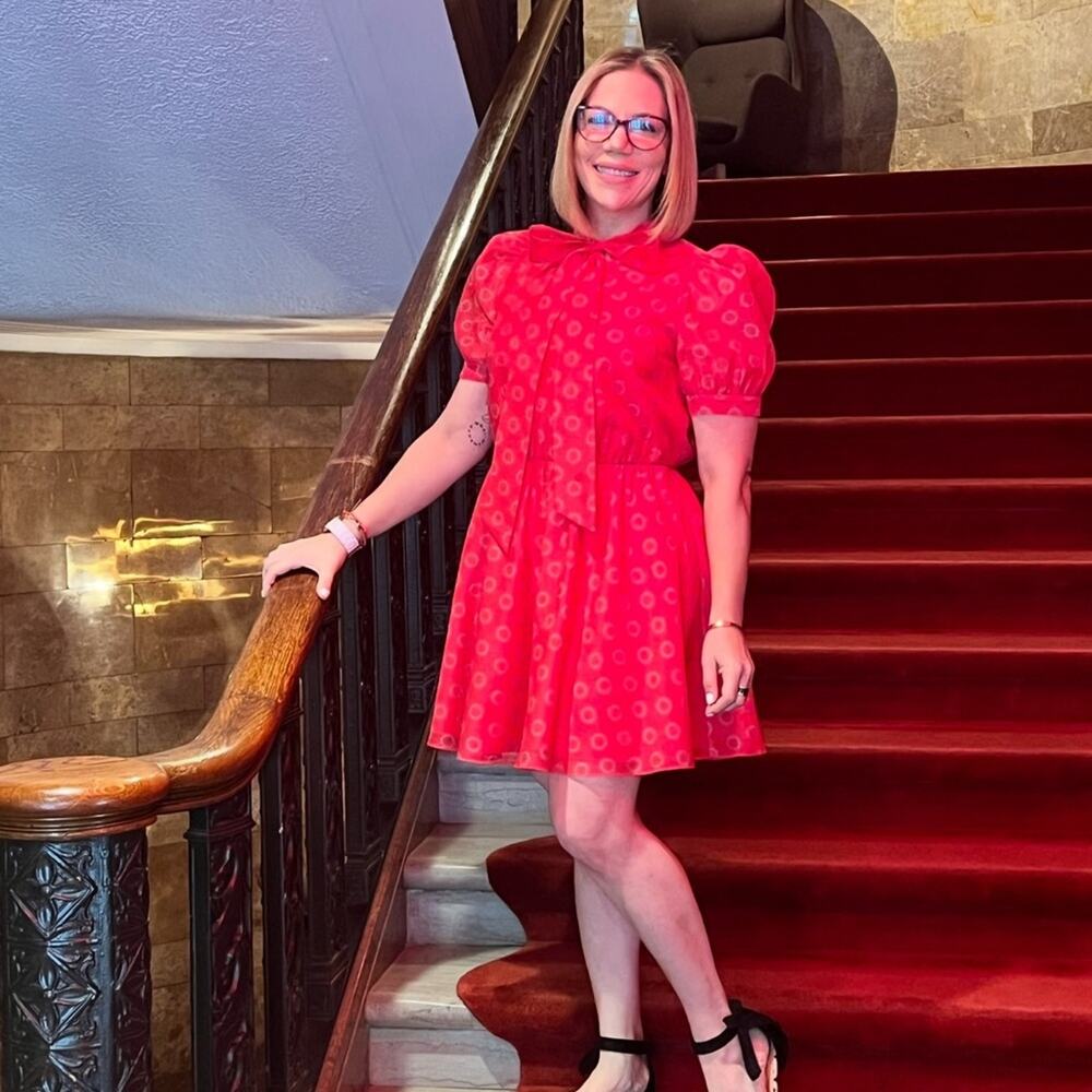 Ted Baker London Silk Red Puff Sleeve Mini Dress w Tie Neck